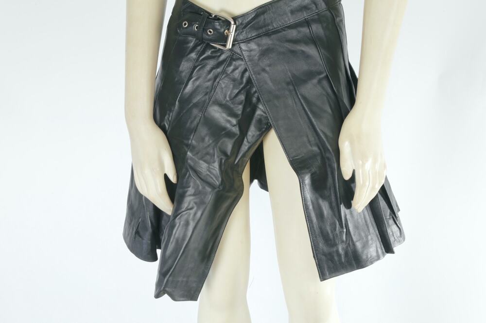 Vintage Black Genuine Leather Buckle Wrap Asymmetric Pleated Kilt Mini Skirt S/M